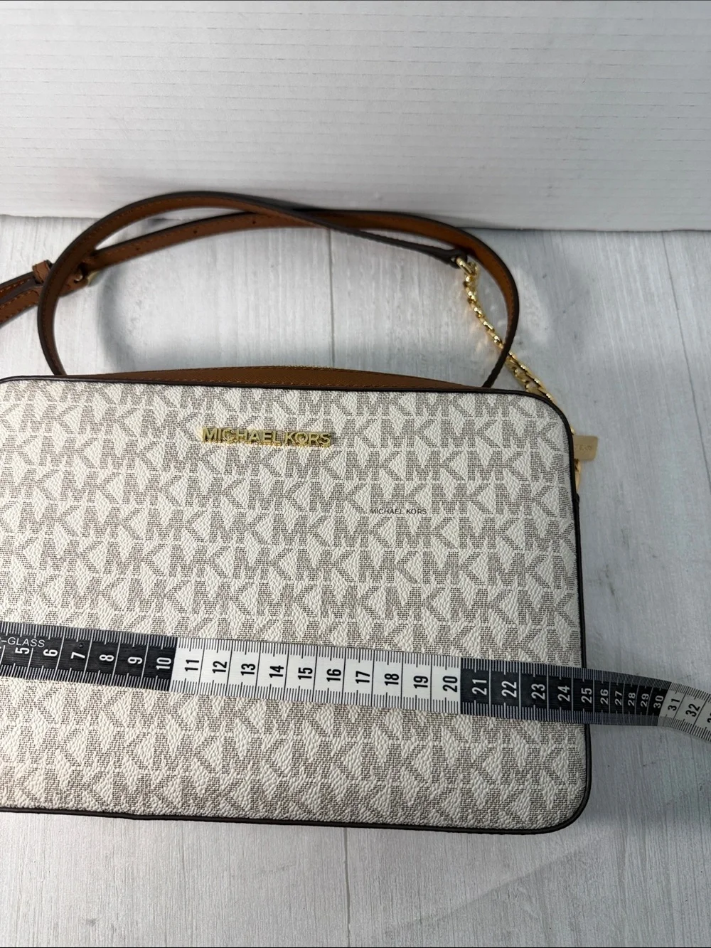 Michael Kors Beige Logo Crossbody with Tan Leather & Gold Chain - Picture 8 of 12